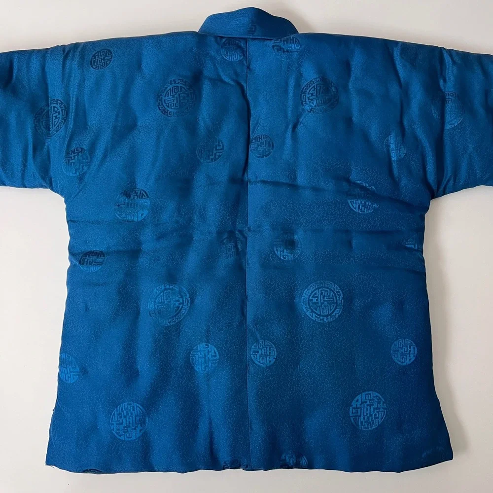 Vintage 100% Silk Quilted Puffer Jacket Kids Toddler Teal Blue Asian Traditional